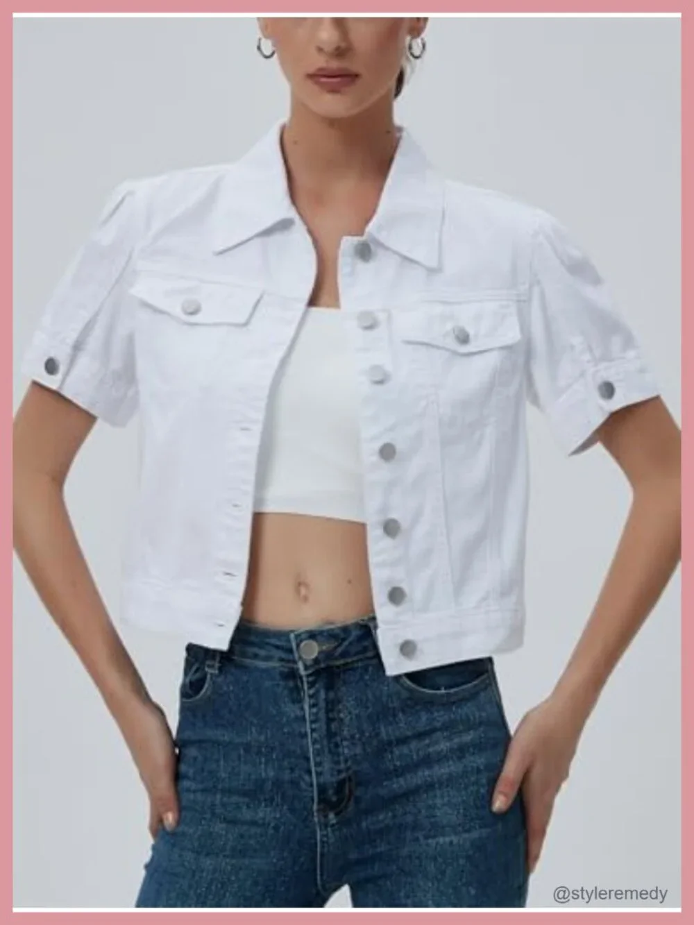 Cropped Denim Jacket Women Puff Short Sleeve Trucker Coat Slim Fit Summer